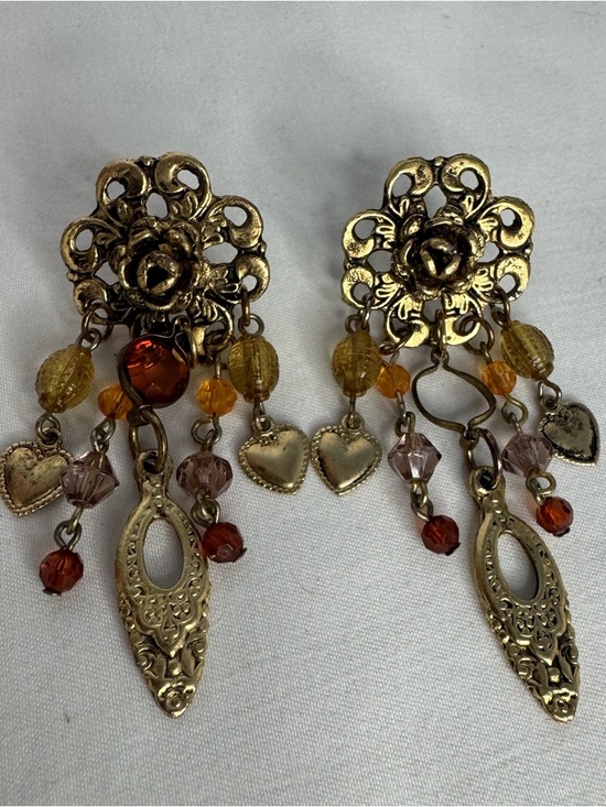 unbranded Jewelry - Vintage Gold Tone Dangle Earrings Amber Bead Heart Charm Boho